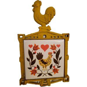 Enesco Trivet Cast Iron and Ceramic Chicken Tile Retro 5.5"x9" Japan Vintage